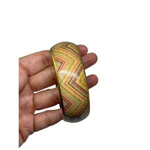 VTG Chevron Zigzag Colorful Rainbow Bangle Bracelet Gold Tone Retro Geometric 3"